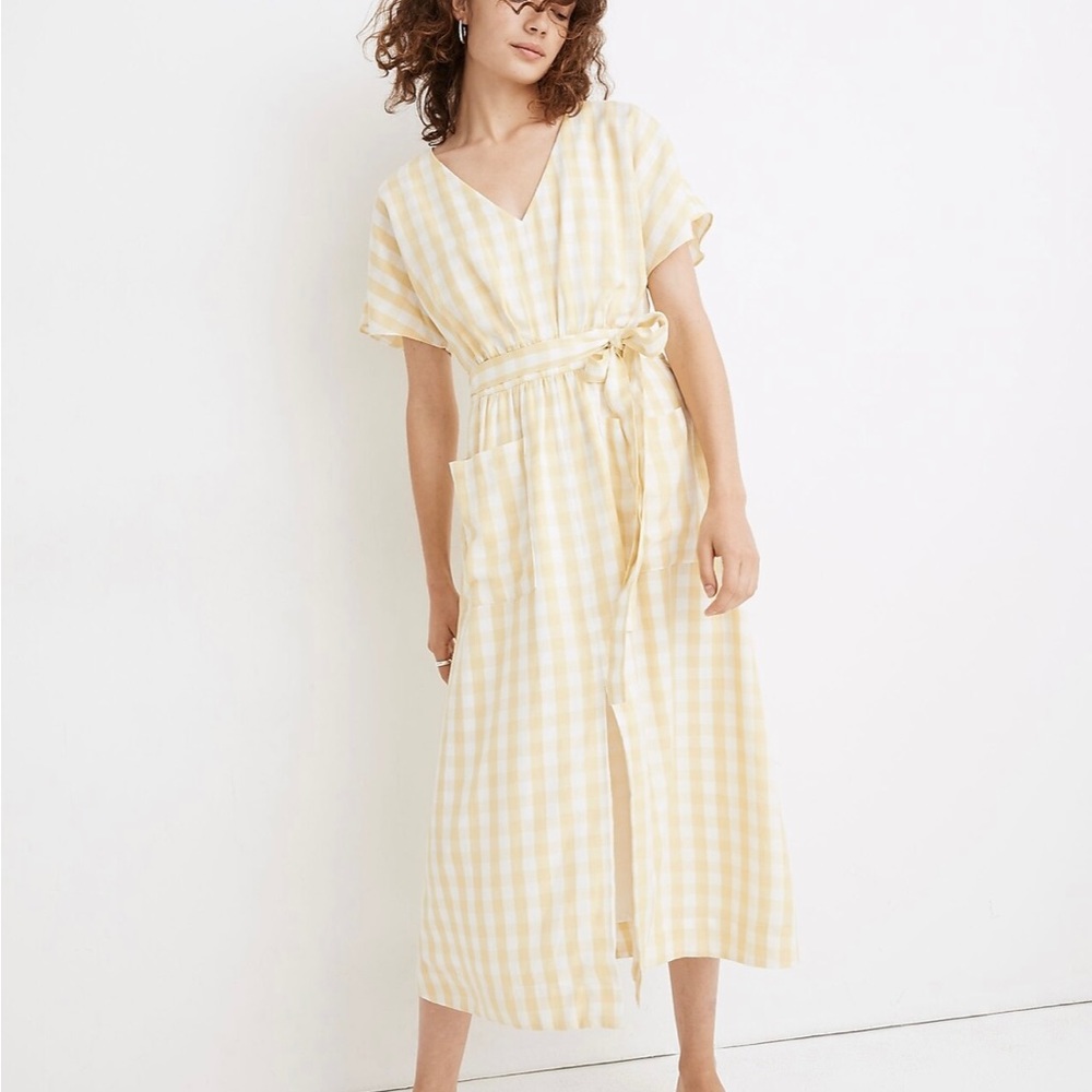 Madewell Midi Dress Size 8 Dolman Sleeve Tie Waist Yellow Gingham NWT